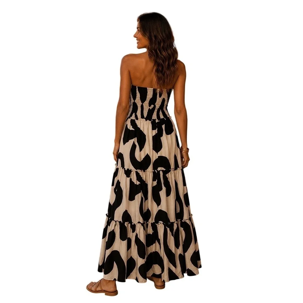 Abel The Label Black White Strapless Smocked Tiered Maxi Dress M NWT